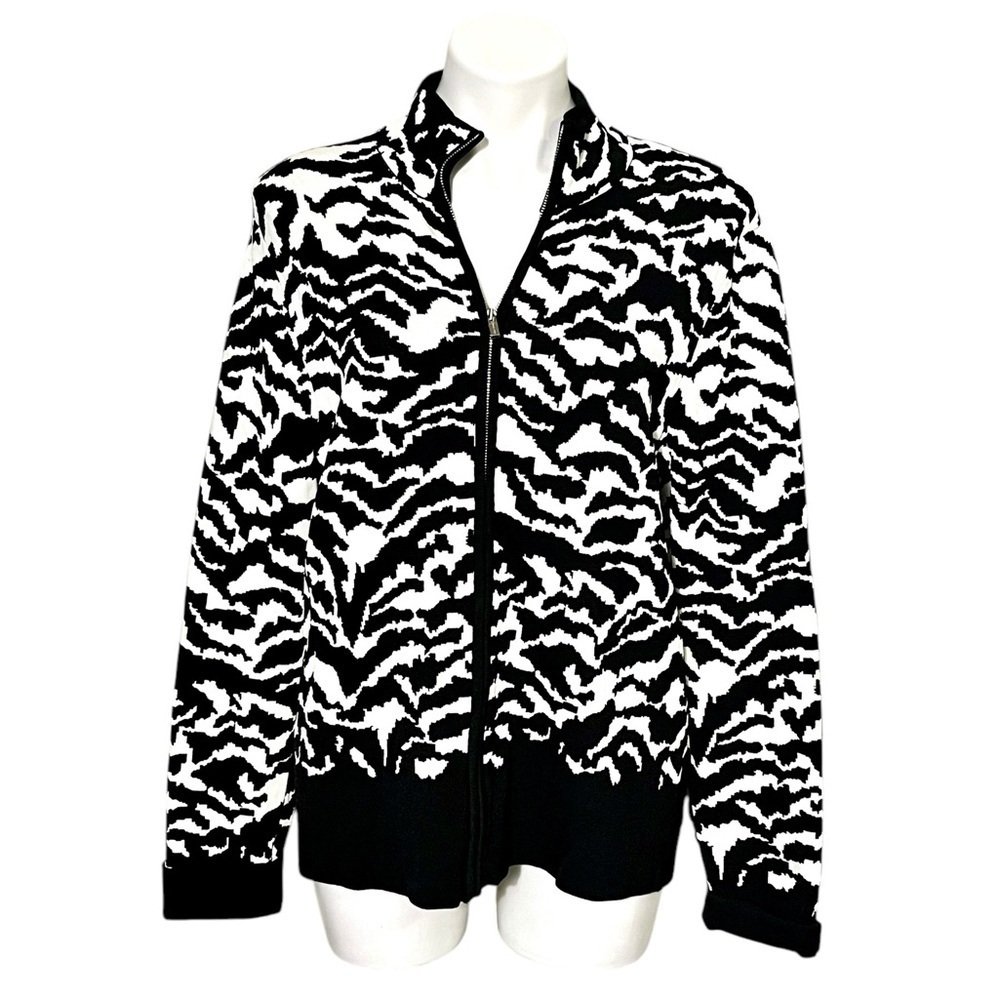 Jones New York Signature Zebra Print Cardigan Sweater Size X Large Black/White